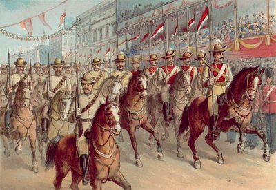 Diamanten Jubileum van Koningin Victoria 1897, Victoriaanse Geweercompagnie en New South Wales Lancers passeren Pall Mall door English School