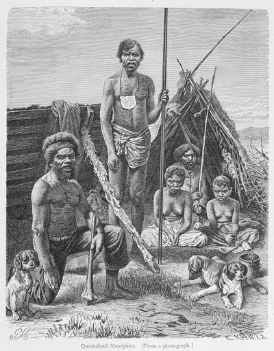 Aboriginals uit Queensland, gegraveerd van een foto door E. Krell, uit 