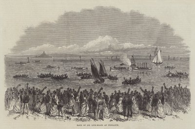 Wedstrijd van zes reddingsboten in Penzance (gravure) door English School