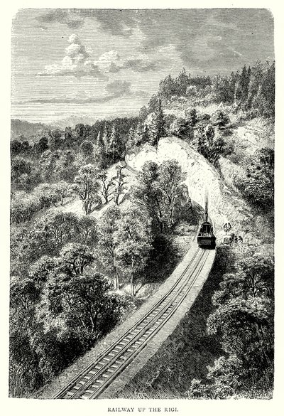 Spoorweg de Rigi op (gravure) door English School