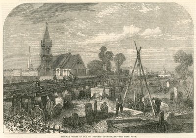 Spoorwegwerken in Old St Pancras Churchyard, Londen door English School