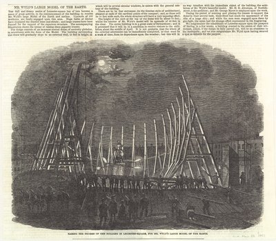 Het optillen van de spanten van het gebouw in Leicester Square voor Mr Wilds groot model van de aarde door English School