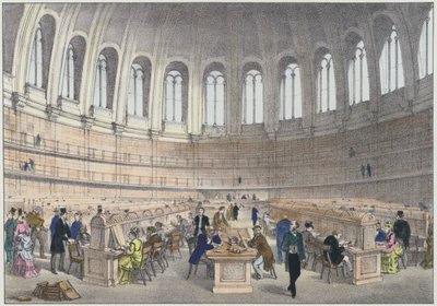 Leeszaal in het British Museum, Londen (gekleurde gravure) door English School