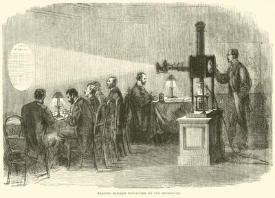 Ballonberichten lezen met de microscoop, oktober 1870 door English School