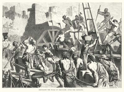 Herbouw van de muren van Jeruzalem na de ballingschap (gravure) door English School