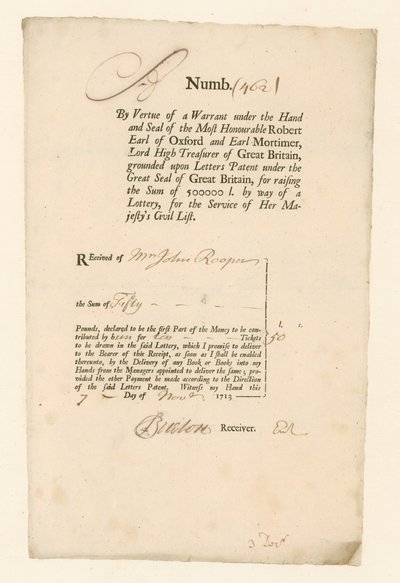 Ontvangstbewijs voor Civil List Loterij van 1713 door English School