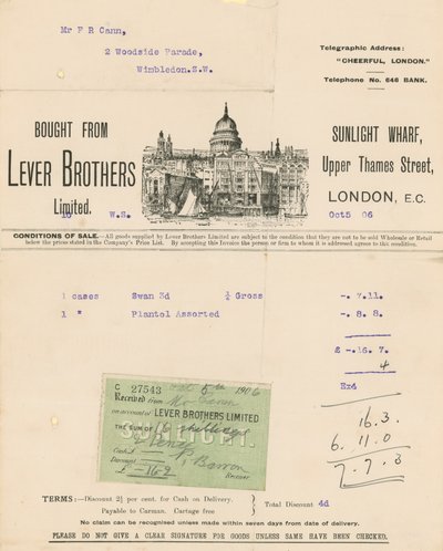 Ontvangstbewijs voor Lever Brothers Limited door English School