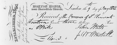Ontvangstbewijs van betaling ontvangen door het asiel van Sir Jonathan Miles in Hoxton House, 1832 (inkt op gedrukt papier) door English School