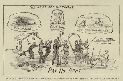 Verminderde facsimile van een "No Rent"-affiche geplaatst op de kapelpoort in Kilfinane door English School