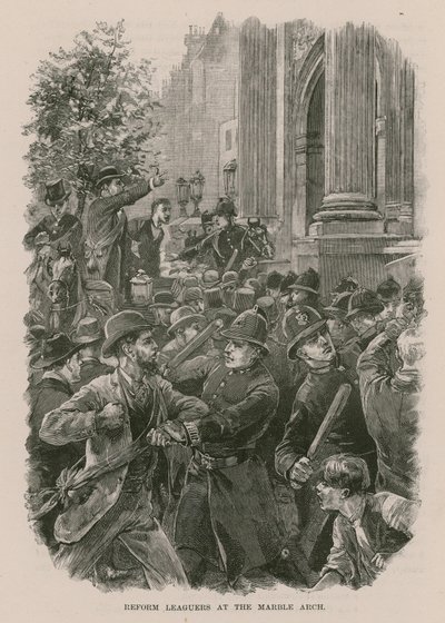 Reform League-demonstranten bij de Marble Arch, Londen (gravure) door English School