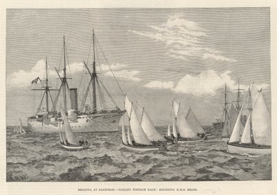 Regatta in Zanzibar, zeilwedstrijd van sloepen, rond HMS Brisk door English School