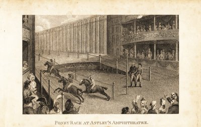 Regency-publiek in theaterboxen en -stoelen kijkt naar een paardenrace in Astley