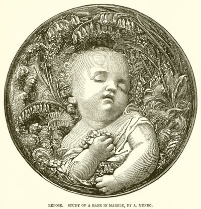 Rust. Studie van een baby in marmer, door A. Munro (gravure) door English School