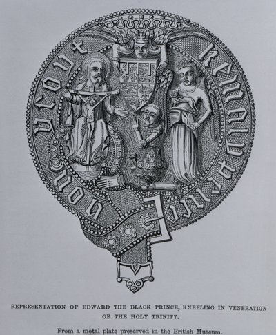 Voorstelling van Edward de Zwarte Prins knielend in aanbidding van de Heilige Drie-eenheid door English School