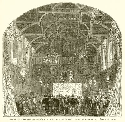 Voorstelling van Shakespeares toneelstukken in de hal van de Middle Temple, 16e eeuw door English School