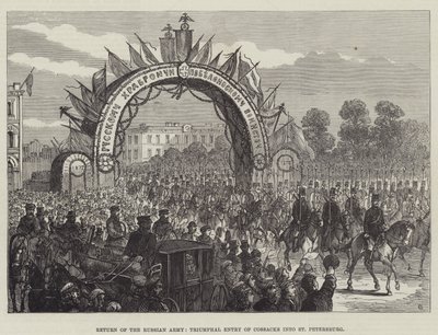 Terugkeer van het Russische leger, triomfantelijke intocht van Kozakken in Sint-Petersburg (gravure) door English School