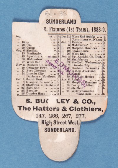 Achterkant van Kan niet Verslagen worden. Speel op Sunderland. Buckleys Hoeden door English School