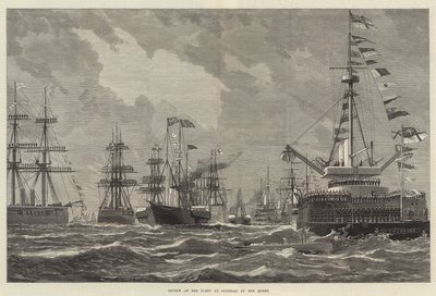 Review van de Vloot bij Spithead door de Koningin (gravure) door English School