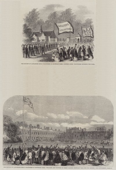 Parade van de Lancashire Rifle Volunteers in Knowsley Park (gravure) door English School
