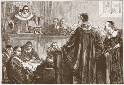 Richard Baxter voor rechter Jeffreys, illustratie uit De Geschiedenis van het Protestantisme door James Aitken Wylie, 1878 door English School