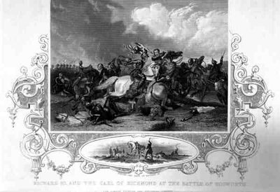 Richard III en de Graaf van Richmond bij de Slag om Bosworth door English School