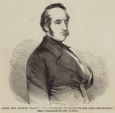 De zeer eerbiedwaardige Spencer Walpole, MP, minister van Binnenlandse Zaken (gravure) door English School