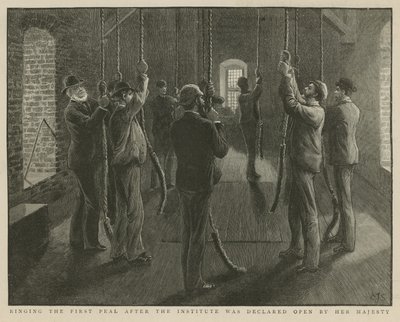 Het luiden van de eerste klok na de opening van het Imperial Institute door Hare Majesteit door English School