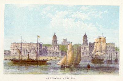 Rivier de Theems: Greenwich Hospital (gekleurde gravure) door English School