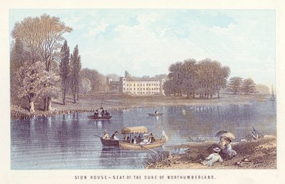 Rivier de Theems: Sion House, Huis van de Hertog van Northumberland (gekleurde gravure) door English School