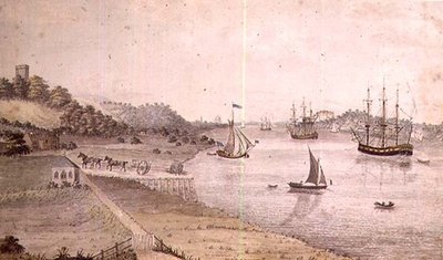 Rivierlandschap met schepen en de Dover Koets, c.1800 door English School