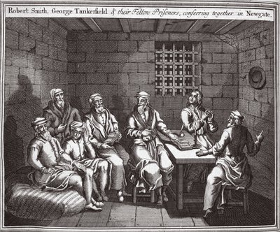 Robert Smith, George Tankerfield en hun medegevangenen, overleggend in Newgate, illustratie uit Foxes Martelaren ca. 1703 door English School