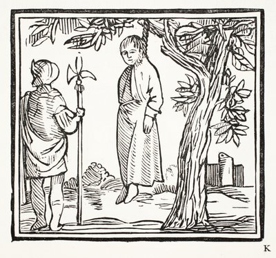 Robert hangt zichzelf op, illustratie uit Chap-books van de Achttiende Eeuw door John Ashton, uitgegeven 1882 door English School