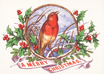 Roodborstje zingend op tak, Kerstkaart door English School