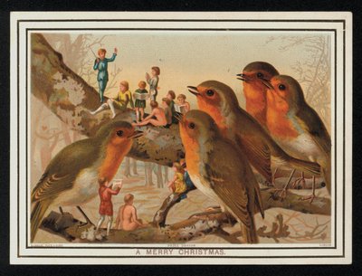 Roodborstjes en een groep artiesten, kerstgroetkaart door English School