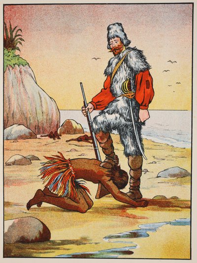Robinson Crusoe en Vrijdag, illustratie uit Het verhaal van Robinson Crusoe: Een bewerking voor kinderen volgens Defoes taal, uitgegeven door Griffith Farran Browne & Co. Limited, Londen door English School