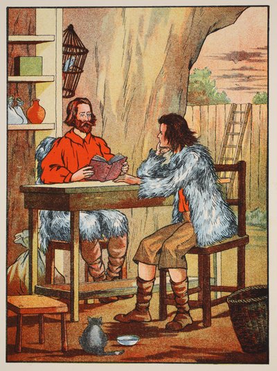 Robinson Crusoe en Vrijdag, illustratie uit Het verhaal van Robinson Crusoe: Een bewerking voor kinderen volgens Defoes taal, uitgegeven door Griffith Farran Browne & Co. Limited, Londen door English School
