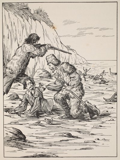 Robinson Crusoe en Vrijdag redden de Spanjaard, illustratie uit Het verhaal van Robinson Crusoe: Een bewerking voor kinderen volgens Defoes taal, uitgegeven door Griffith Farran Browne & Co. Limited, Londen door English School