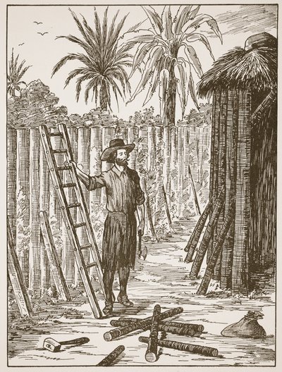 Robinson Crusoe bouwt zijn prieel, illustratie uit Het verhaal van Robinson Crusoe: Een bewerking voor kinderen volgens Defoes taal, uitgegeven door Griffith Farran Browne & Co. Limited, Londen door English School