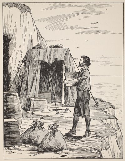 Robinson Crusoe bouwt zijn schuilplaats, illustratie uit Het verhaal van Robinson Crusoe: Een bewerking voor kinderen volgens Defoes taal, uitgegeven door Griffith Farran Browne & Co. Limited, Londen door English School