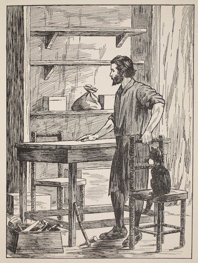 Robinson Crusoe bouwt tafel en stoelen voor zijn grot, illustratie uit Het verhaal van Robinson Crusoe: Een bewerking voor kinderen volgens Defoes taal, uitgegeven door Griffith Farran Browne & Co. Limited, Londen door English School