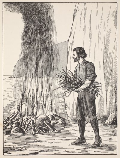 Robinson Crusoe kookt, illustratie uit Het verhaal van Robinson Crusoe: Een bewerking voor kinderen volgens Defoes taal, uitgegeven door Griffith Farran Browne & Co. Limited, Londen door English School