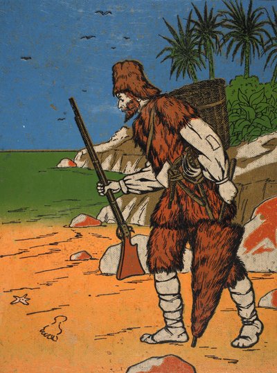 Robinson Crusoe, illustratie uit Het verhaal van Robinson Crusoe: Een bewerking voor kinderen volgens Defoes taal, uitgegeven door Griffith Farran Browne & Co. Limited, Londen door English School