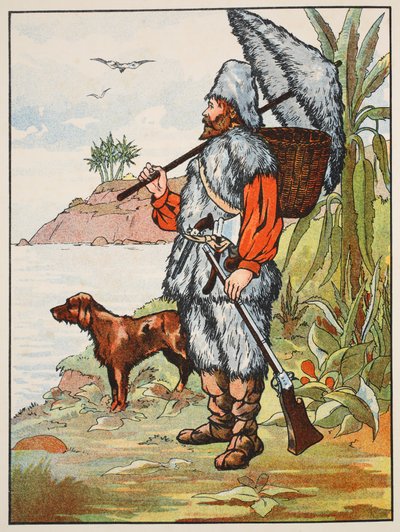 Robinson Crusoe, illustratie uit Het verhaal van Robinson Crusoe: Een bewerking voor kinderen volgens Defoes taal, uitgegeven door Griffith Farran Browne & Co. Limited, Londen door English School