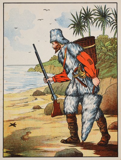 Robinson Crusoe, illustratie uit Het verhaal van Robinson Crusoe: Een bewerking voor kinderen volgens Defoes taal, uitgegeven door Griffith Farran Browne & Co. Limited, Londen door English School
