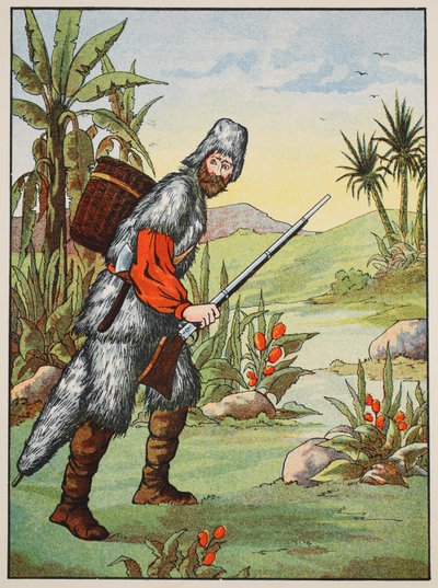 Robinson Crusoe, illustratie uit Het verhaal van Robinson Crusoe: Een bewerking voor kinderen volgens Defoes taal, uitgegeven door Griffith Farran Browne & Co. Limited, Londen door English School