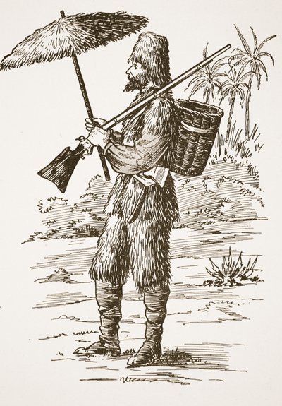 Robinson Crusoe, illustratie uit Het verhaal van Robinson Crusoe: Een bewerking voor kinderen volgens Defoes taal, uitgegeven door Griffith Farran Browne & Co. Limited, Londen door English School