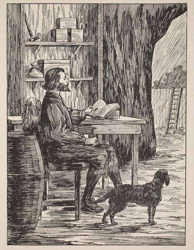 Robinson Crusoe in zijn grot, illustratie uit Het verhaal van Robinson Crusoe: Een bewerking voor kinderen volgens Defoes taal, uitgegeven door Griffith Farran Browne & Co. Limited, Londen door English School