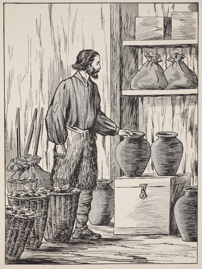 Robinson Crusoe in zijn voorraadkamer, illustratie uit Het verhaal van Robinson Crusoe: Een bewerking voor kinderen volgens Defoes taal, uitgegeven door Griffith Farran Browne & Co. Limited, Londen door English School