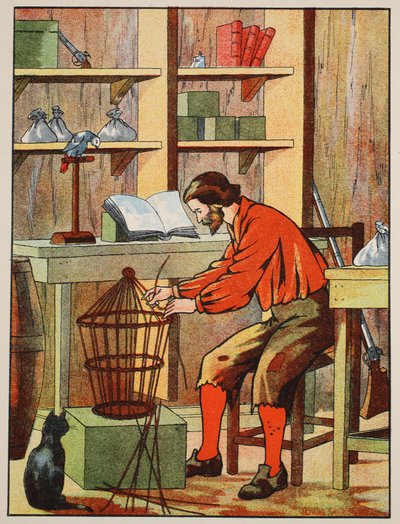 Robinson Crusoe maakt een kooi voor zijn papegaai, illustratie uit Het verhaal van Robinson Crusoe: Een bewerking voor kinderen volgens Defoes taal, uitgegeven door Griffith Farran Browne & Co. Limited, Londen door English School
