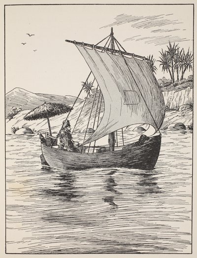 Robinson Crusoe op zijn boot, illustratie uit Het verhaal van Robinson Crusoe: Een bewerking voor kinderen volgens Defoes taal, uitgegeven door Griffith Farran Browne & Co. Limited, Londen door English School